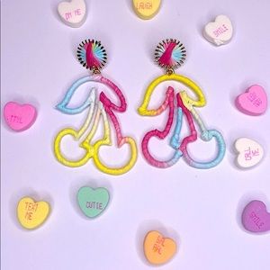 Pink Linen Twine Multicolor Pastel Cherry Shape Post Earrings